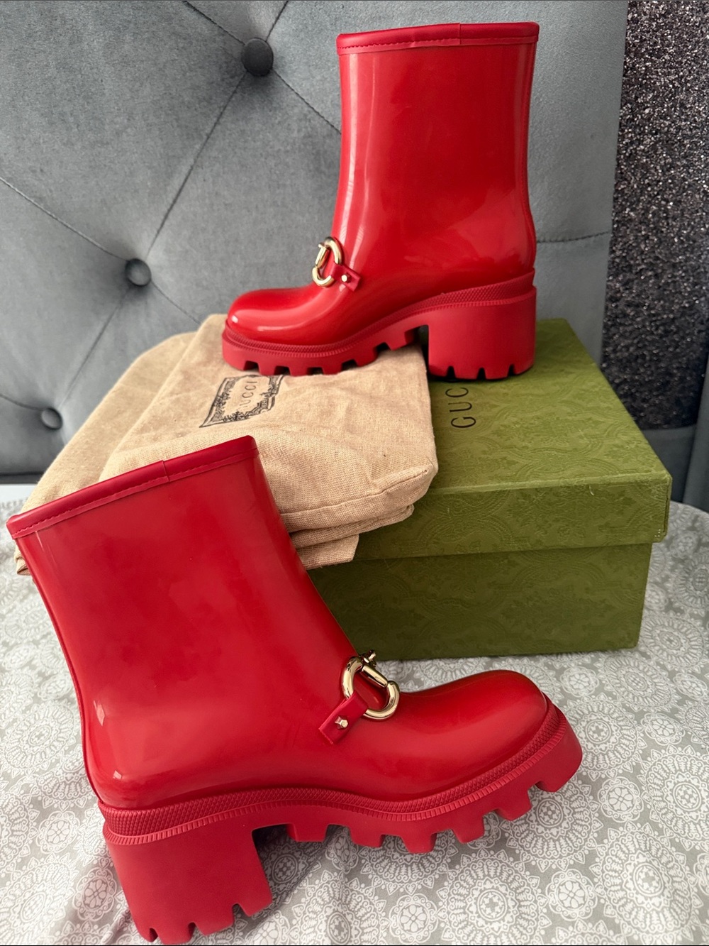 Gucci Red Chunky Rubber Ankle Boots with Gold Horsebit